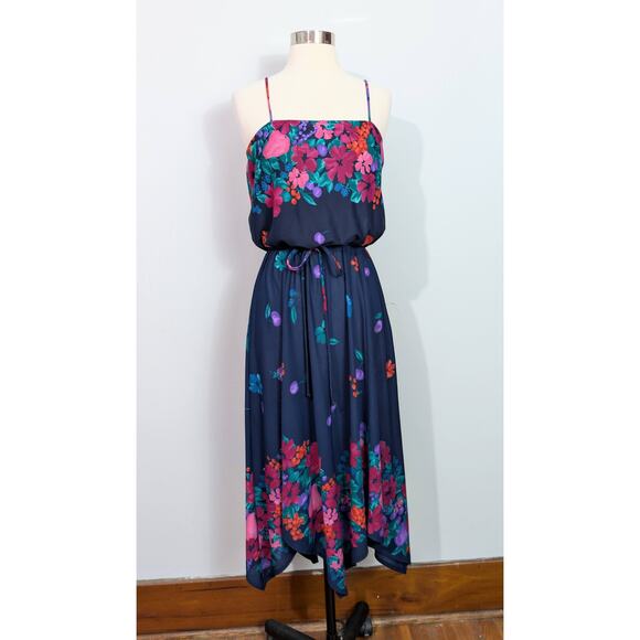 70s Blue Floral Spaghetti Strap Dress with Berries - Picture 2 of 7